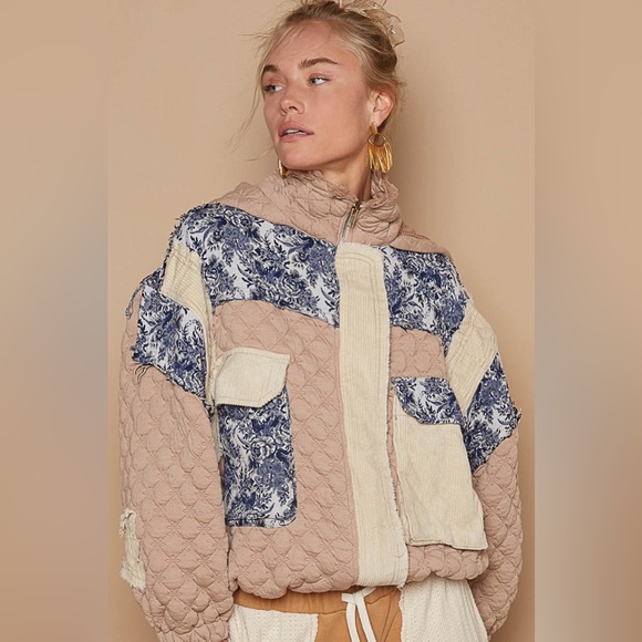 433. POL LAST 2! Jacket Coat Oversized Tan Quilted Jacquard hooded  Zip - Picture 3 of 5